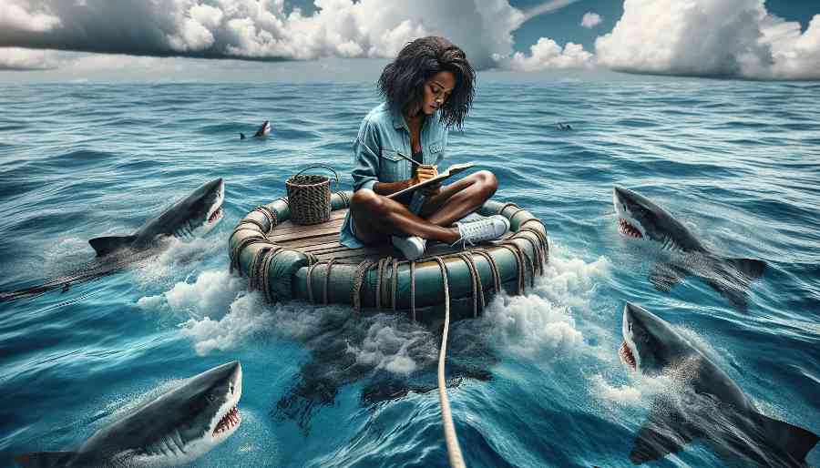 A woman sits writing a notebook in a raft encircled by sharks. woman writing in a notebook while encircled by sharks, representing story conflict