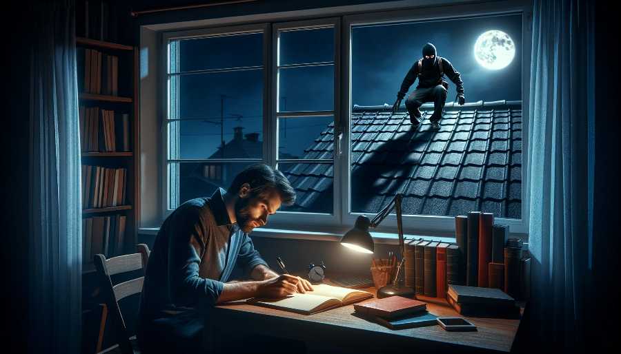 A man sits writing at a desk while a burglar climbs on the roof outside his window. man writing at a desk while a burglar looks in the window at him, representing story conflict