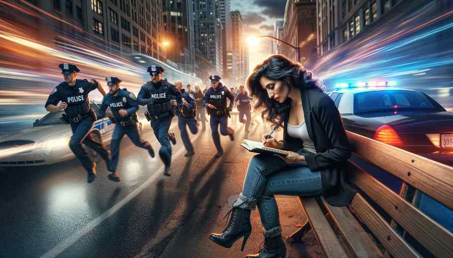 woman writes a novel surrounded by police cars, representing story conflict woman writes a novel surrounded by police cars, representing story conflict