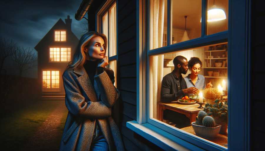 A woman stands outside at night, looking into a lighted window where a couple is eating dinner. woman looking in a window at a happy couple, representing story conflict