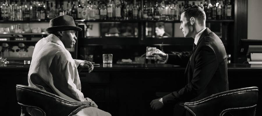 two men at bar, photo in style of noir movie two men at bar, photo in style of noir movie