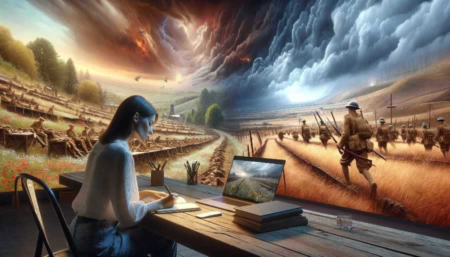 woman writes a novel with World War I scenes in the background