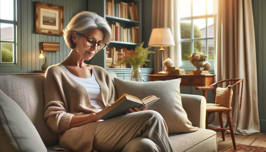 woman reading on a sofa