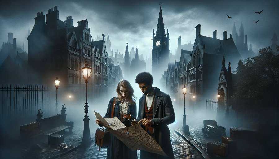man and woman examining a map in a mysterious city