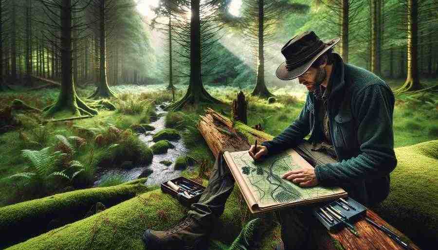 man drawing a map while surrounded by woods