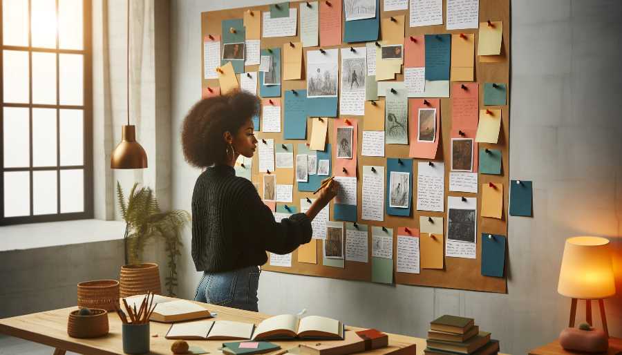 A woman is planning a novel by pinning notecards and images on a corkboard. woman storyboarding a novel