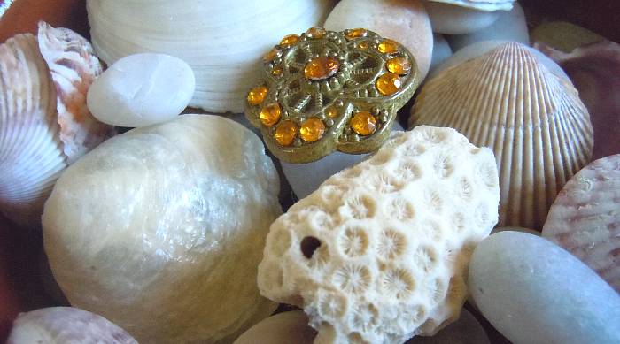 seashells, stones, and jewel, representing poem starters, poetry ideas