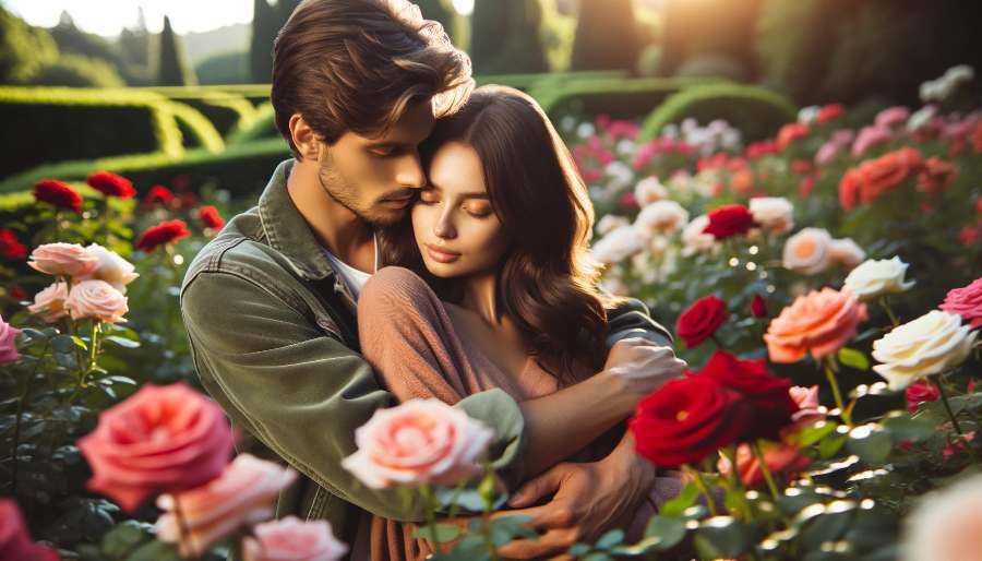 couple embracing in garden, illustrating page on romance story ideas