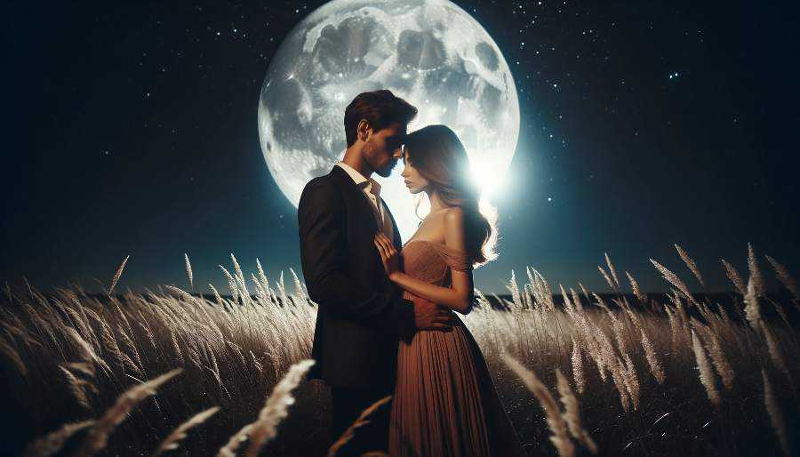 couple embraces in front of full moon