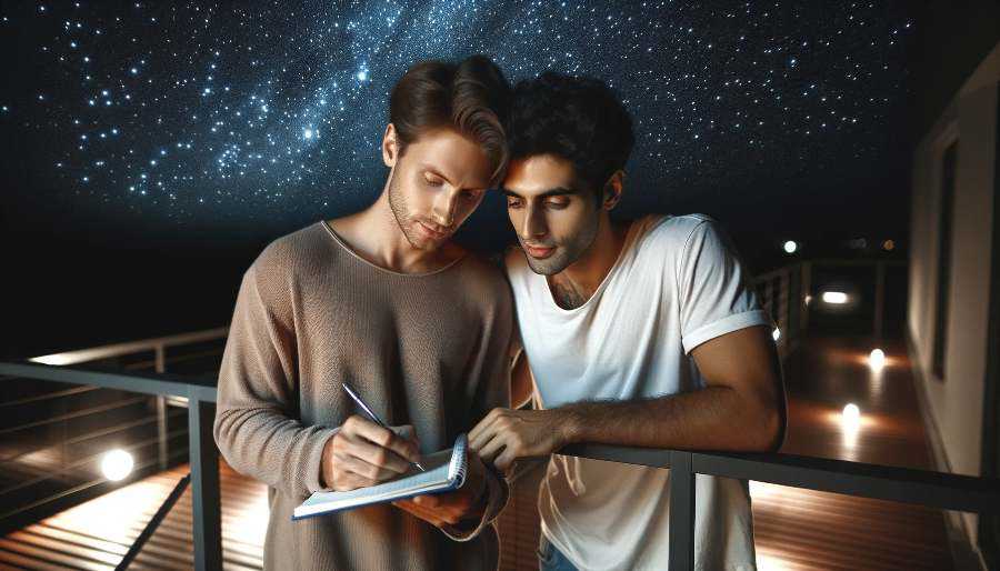 Two men stand together in the starlight, writing in a notebook. two men writing together in notebook, illustrating page on how to write a romance novel
