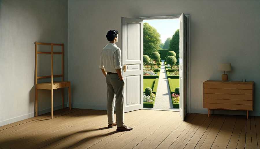 man looking out a door at garden path, representing story beginnings