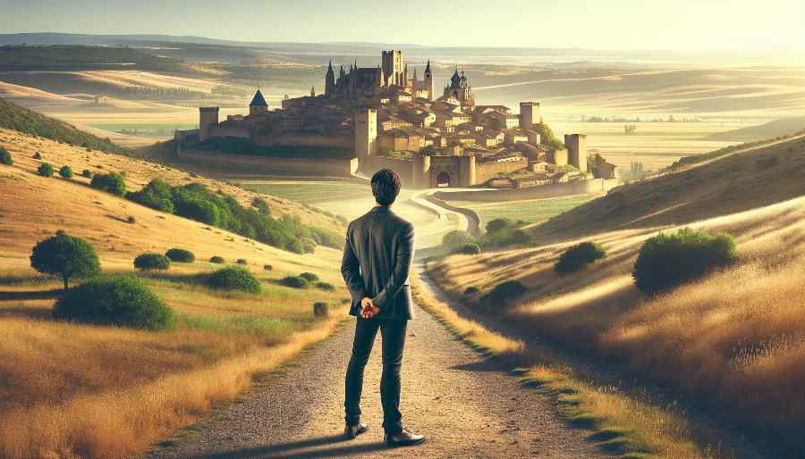 man standing at the beginning of a road leading to a medieval city