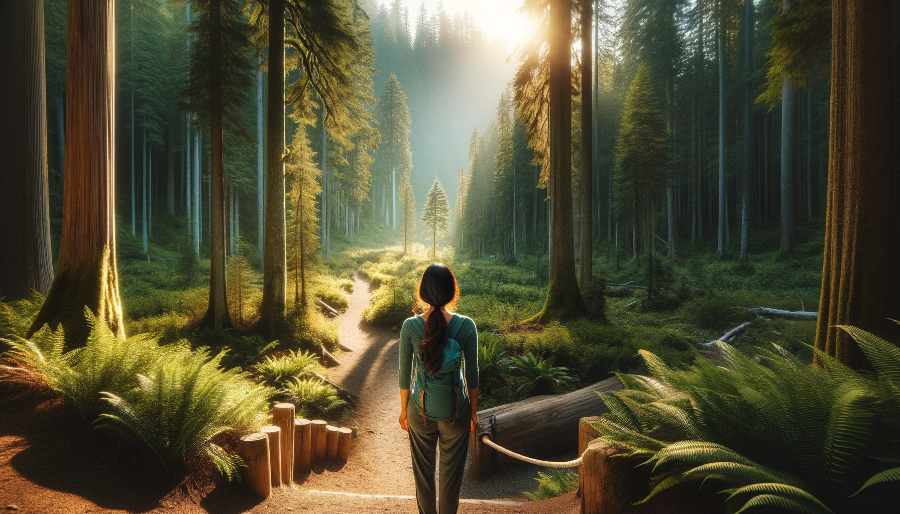 woman starting down a forest path