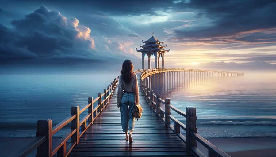 woman walking across a bridge, representing story beginnings