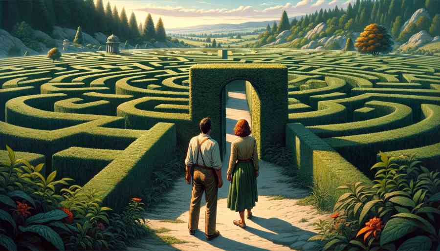 a man and a woman entering a maze