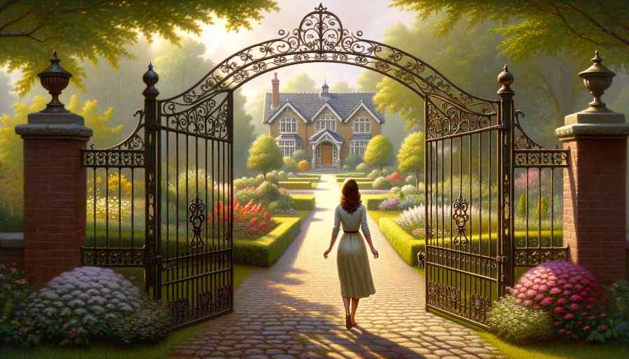 woman stands at garden gate, representing story beginnings