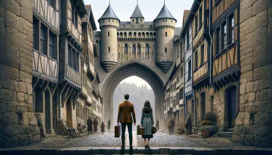 a man and a woman stand at the gate of a medieval city