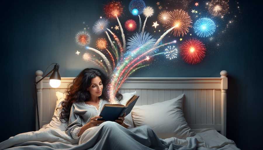 A woman is reading a book with fireworks pouring out of the pages. woman reading a book with fireworks pouring out of the pages