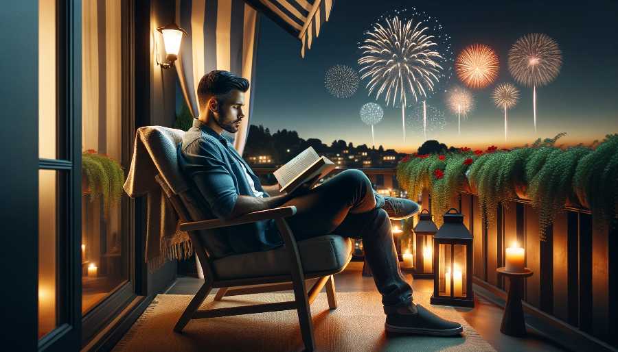 A man sits reading on a balcony with fireworks in the background. man reading with fireworks in the background