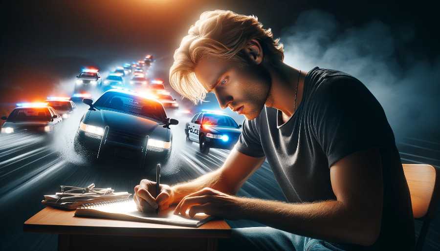 A man sits writing a novel with police cars speeding toward him. man writing a novel with police cars in the background