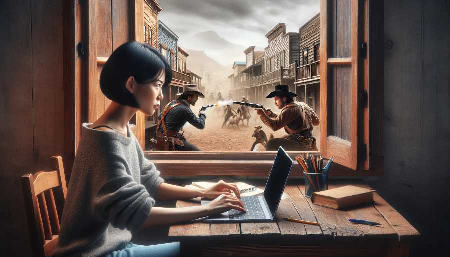 A woman is writing a novel, while in the window behind her is a scene from an old Western. woman writing a novel with a scene from an old Western outside the window