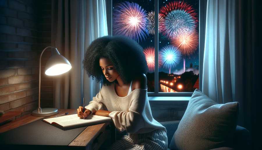 woman writing a novel with fireworks in the background woman writing a novel with fireworks in the background