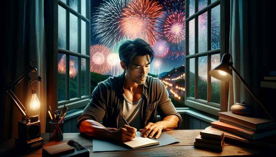 man writing a novel with fireworks in the background man writing a novel with fireworks in the background