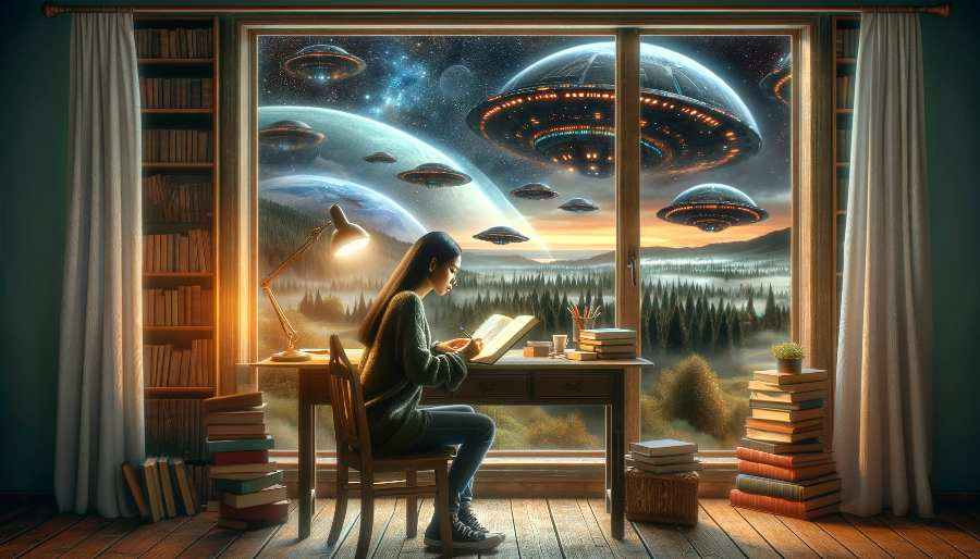 A woman is writing a novel, while UFO's pass by the window behind her. woman writing a novel with UFO's passing by the window behind her