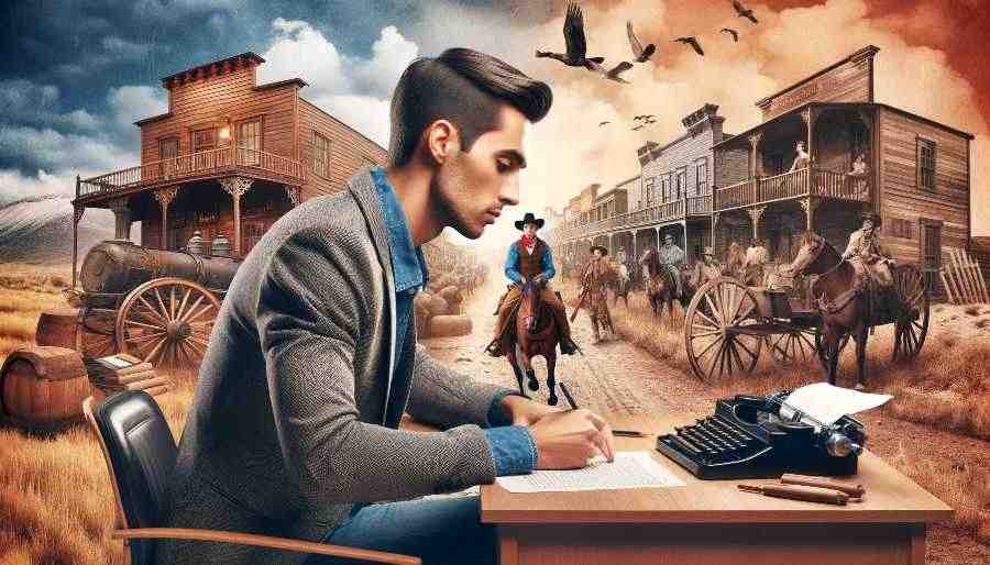 man writing a novel with a scene from a Western in the background