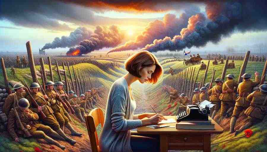 A woman writes a novel with a World War I battle in the background. A woman writes a novel with a World War I battle in the background.