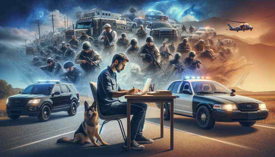 man writing a book in middle of the road surrounded by police cars