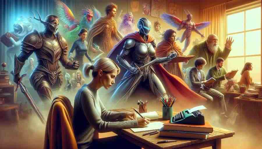 woman writing a novel with characters floating in the background