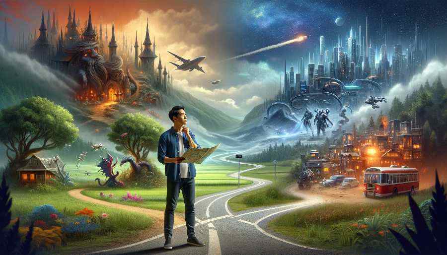 A man stands at a crossroad, holding a map.  In front of him is imagery from science fiction and fantasy novels. man standing at crossroads holding roadmap, surrounded by fantasy and science fiction imagery.