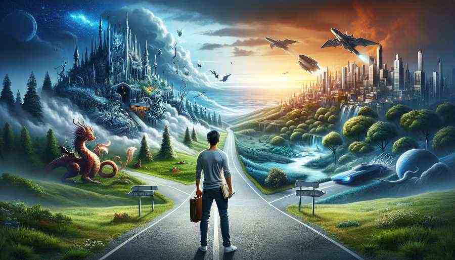 man standing at crossroads holding roadmap, surrounded by fantasy and science fiction imagery.