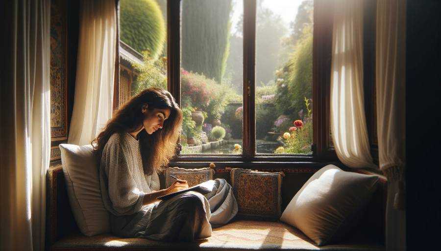 woman writing a novel in a window seat woman writing a novel in a window seat