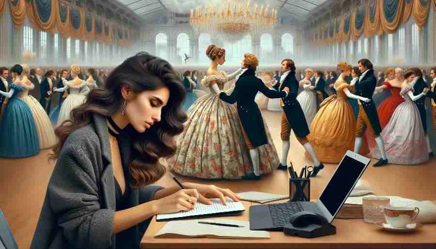 A woman in contemporary clothing is writing a novel while people in Regency dress are dancing in the background. woman writing a novel with a Regency ball in the background